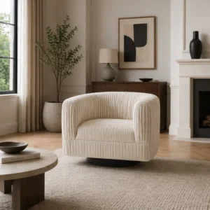 Cream textured armchair in a neutral living room with a round wood coffee table, plant, and abstract art on the wall and a fireplace nearby.