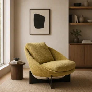 Mustard-yellow upholstered lounge chair with a curved back sits on a black metal base beside a round wooden side table in a bright living room.
