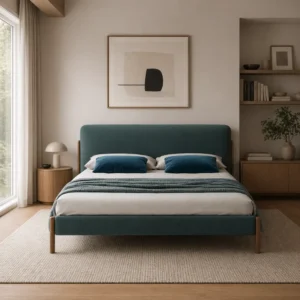 Teal upholstered bed with white bedding and two teal pillows in a calm, minimalist bedroom.