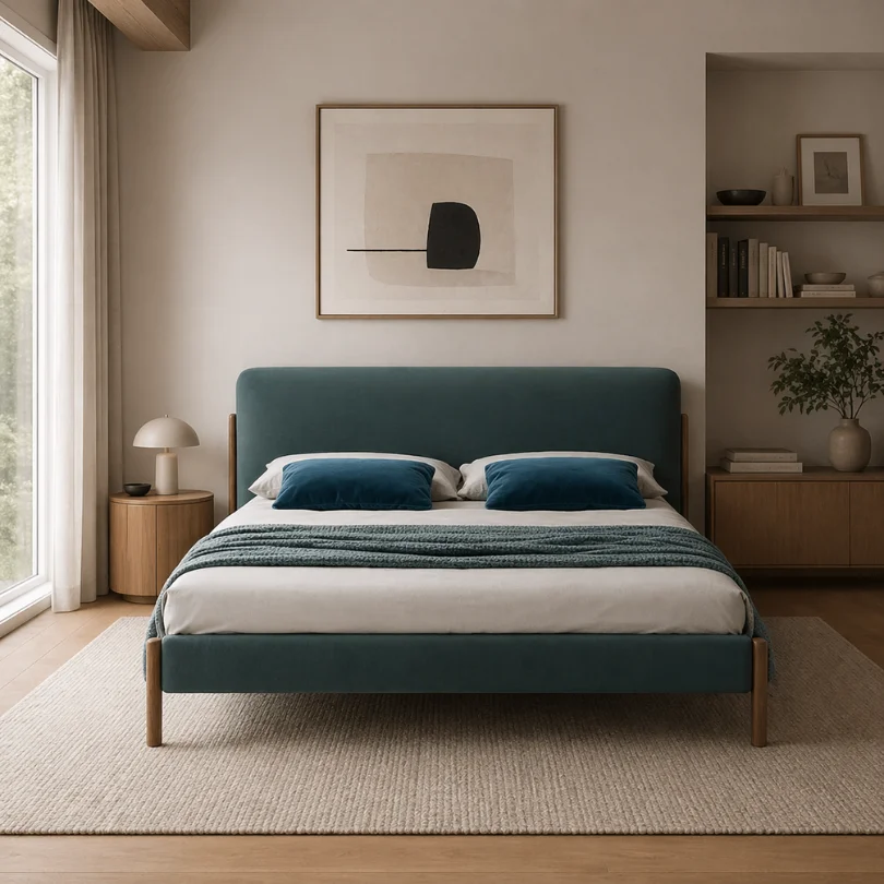 8-25749 Teal upholstered bed with white bedding and two teal pillows in a calm, minimalist bedroom.