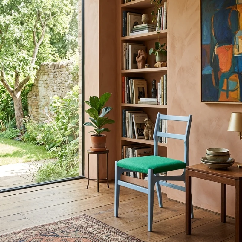 Cozy reading corner with a blue chair and green cushion beside a wooden bookshelf and plant by a large window overlooking a garden