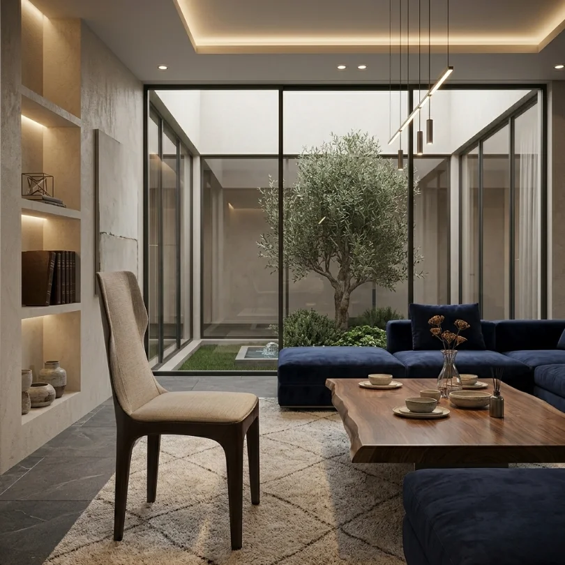 Modern living room with glass walls opening to an indoor courtyard tree; beige chair, navy sofa, and a live-edge wood coffee table.