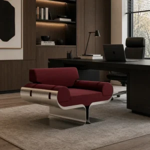 Modern office with a red upholstered lounge chair and sleek metal base placed near a dark wood desk and bookshelves.