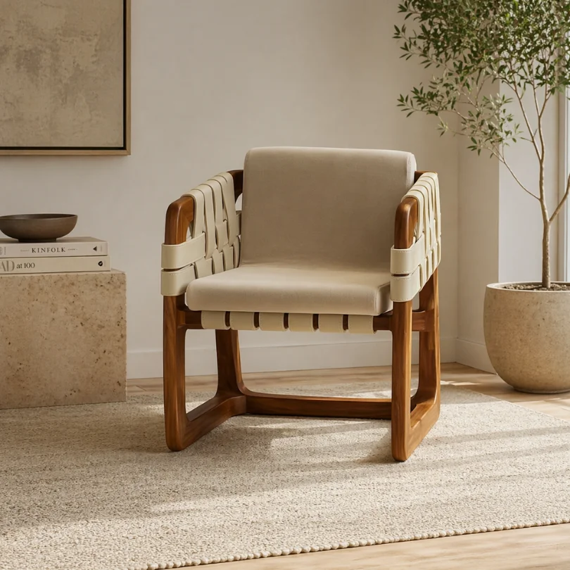 Wood and beige woven-armchair in a bright living room with a potted plant and magazines on a side table