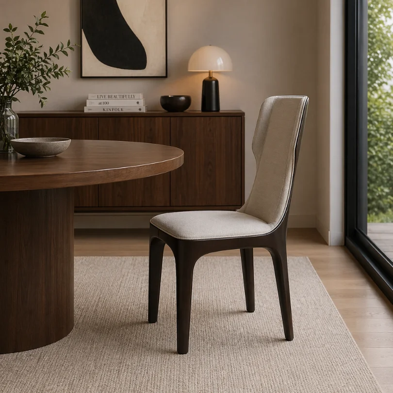 Round wooden dining table with a beige upholstered chair in a modern, sunlit dining room.