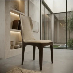 Wooden chair with beige upholstered back and seat in a modern glass-walled room.
