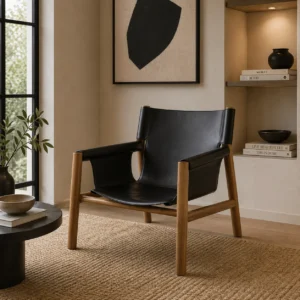 Black leather lounge chair with a light wood frame in a cozy living room, beside a round coffee table, plant, and built-in shelf with books.