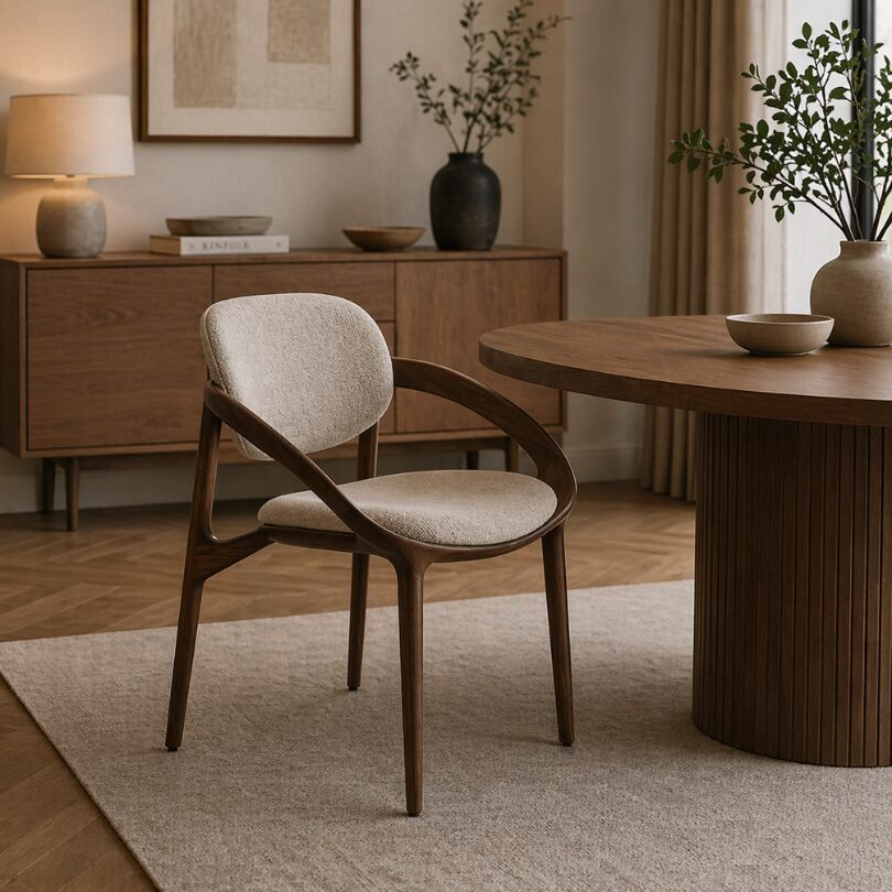 Mid-century wooden chair with beige upholstery beside a round wooden table in a cozy living room with a sideboard and plants in the background, warm lighting.