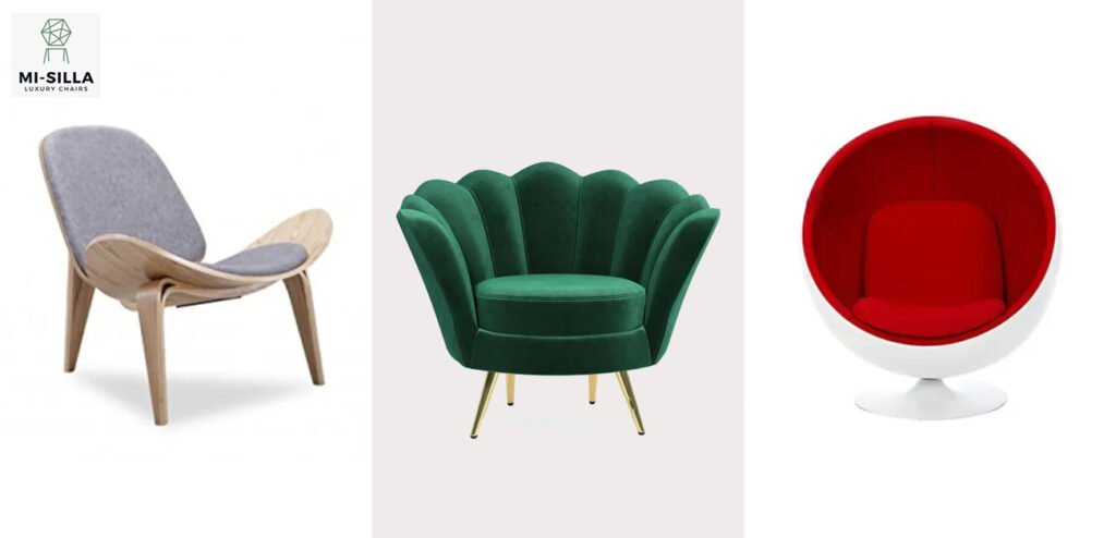 Three modern lounge chairs featuring wood, velvet, and molded designs, showcasing stylish and comfortable contemporary seating options.