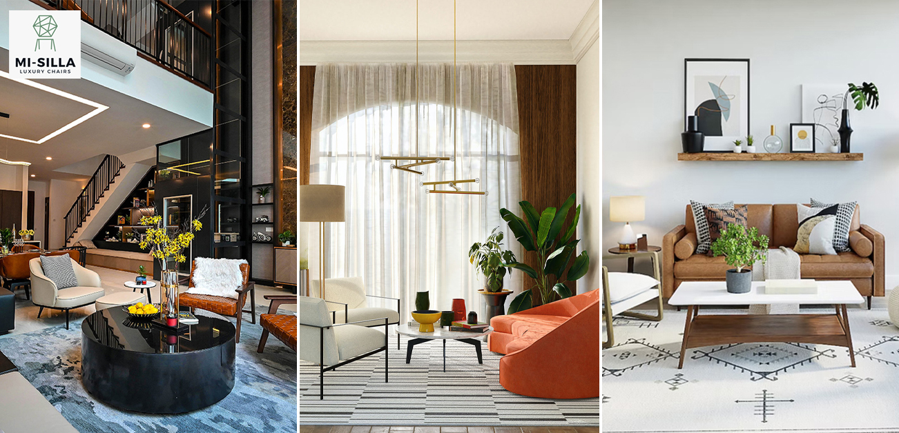 Three modern living room interiors showcasing contemporary sofas, chairs, coffee tables, indoor plants, and stylish lighting.