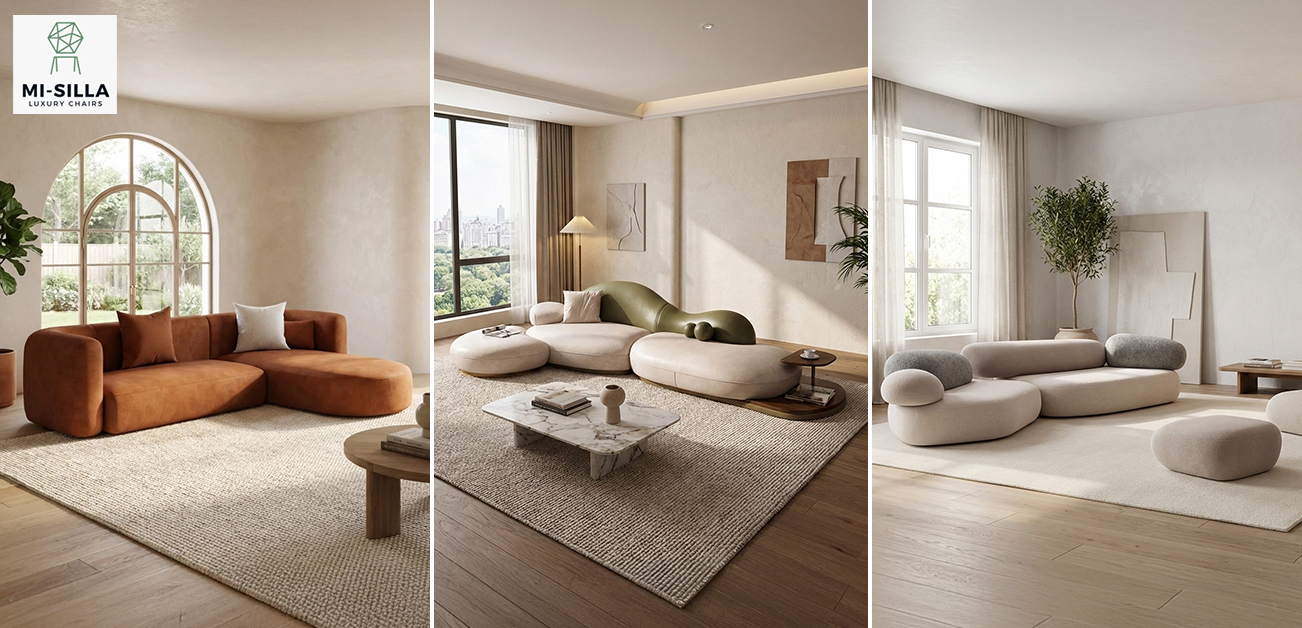 Three modern living rooms featuring sculptural sofas in neutral tones, minimalist decor, soft lighting, and spacious layouts.
