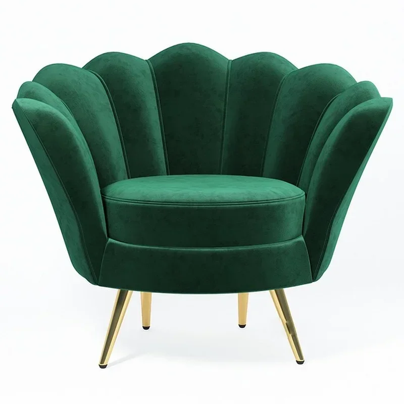 Shell Design Fabric Single Sofa with plush green velvet upholstery, scalloped shell backrest and gold metal legs, elegant luxury accent chair