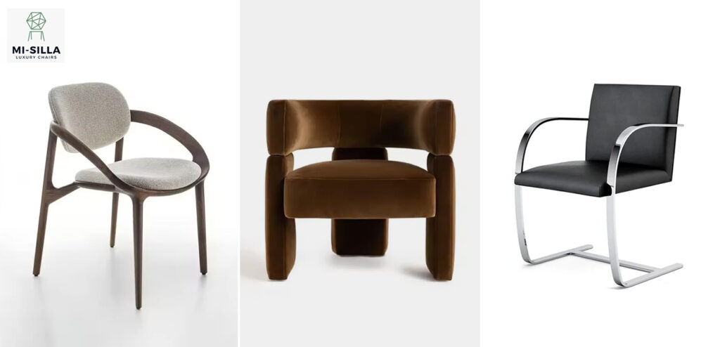 Modern designer chairs displayed side by side, featuring upholstered seating, sculptural wood, plush velvet, and sleek metal frames.