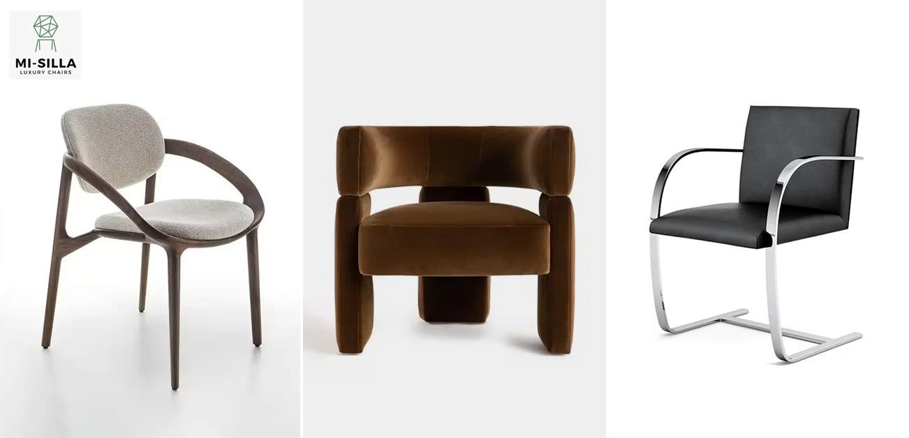 Modern designer chairs displayed side by side, featuring upholstered seating, sculptural wood, plush velvet, and sleek metal frames.