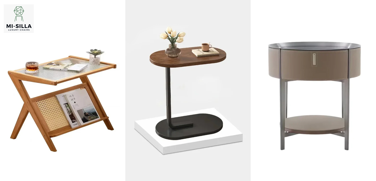 Three modern coffee tables featuring wood and metal designs, including a tray table, a compact side table, and a round storage table.