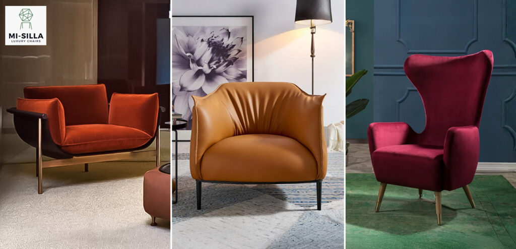 Modern luxury armchairs in velvet and leather with bold colors, showcasing stylish high-end seating for contemporary home interiors