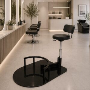 Modern styling area in a minimalist hair salon: mirrors along a counter, potted plants, and a black adjustable chair on a circular platform in the foreground.