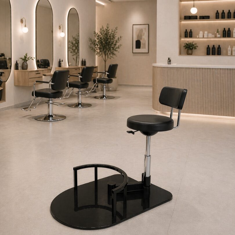 Modern beauty salon with styling chairs facing mirrors along a light wall; foreground shows a black pedicure chair on a circular platform at the spa station.