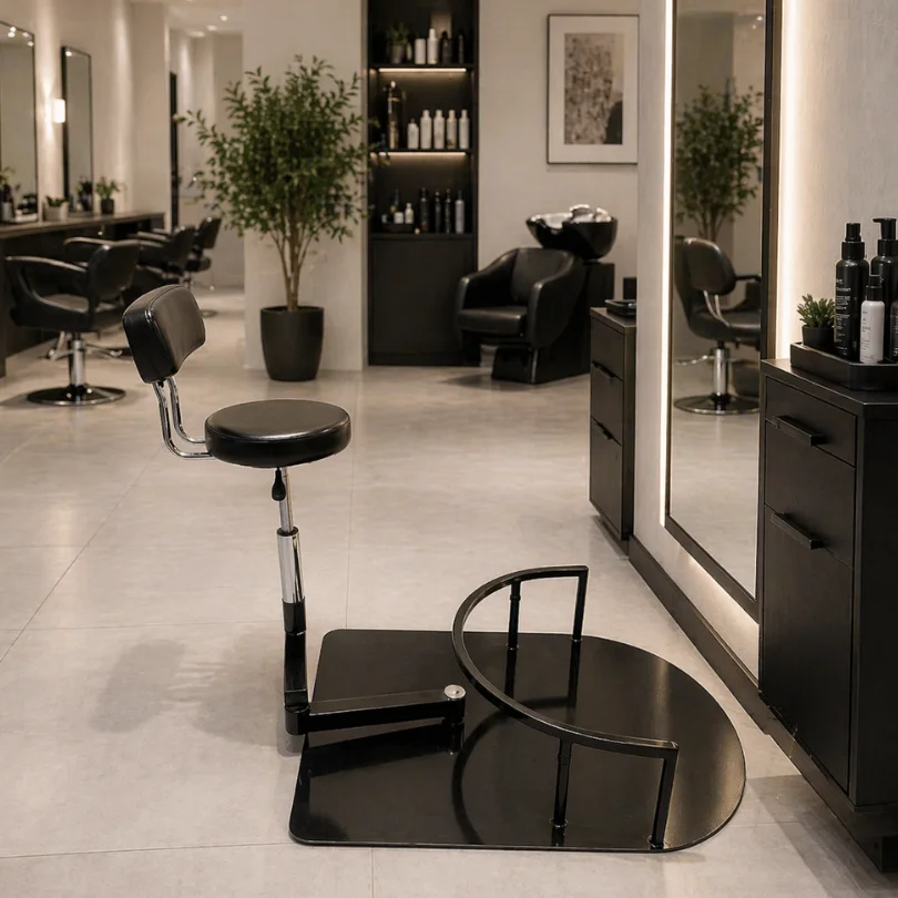 Modern hair salon interior with black styling chairs, large mirrors, and potted plants; foreground shows a circular-base stool-like chair accessory.