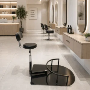 Modern hair salon with row of styling stations, oval mirrors, and neutral décor; foreground shows a black styling chair base on light flooring while plants and shelves line the back wall.