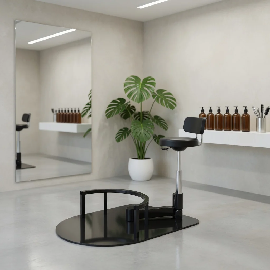 Minimalist salon station with a black hydraulic chair on a circular platform, mirror, and white shelf with brown bottles.