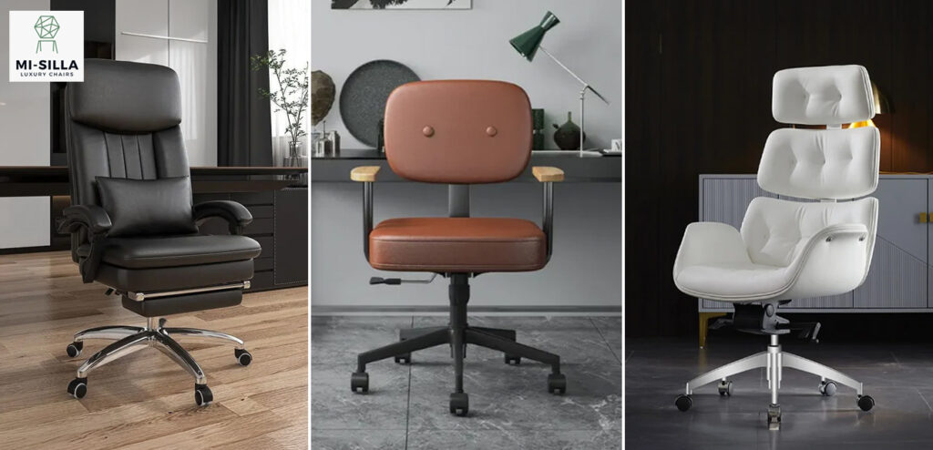Three premium office chairs: black executive, brown mid-century, and white tufted modern styles.