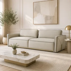 Cream-colored modern sofa in a sunlit living room with a marble coffee table, potted plant, and abstract wall art.
