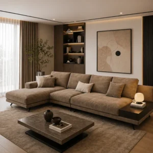 Beige sectional sofa in a modern living room with a marble-topped square coffee table and abstract wall art.