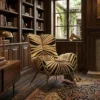 A cozy reading nook in a dark wood library with a zebra-patterned armchair, brass floor lamp, and a rug by a window showing ivy outside.