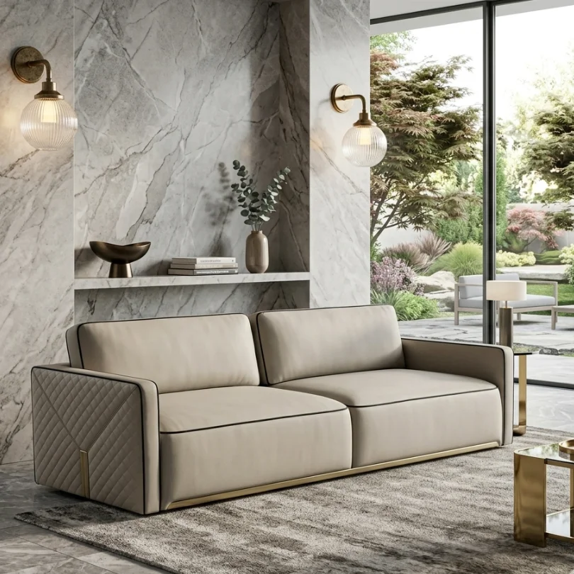Beige modular sofa with quilted arms in a marble-walled living room, overlooking a landscaped garden.