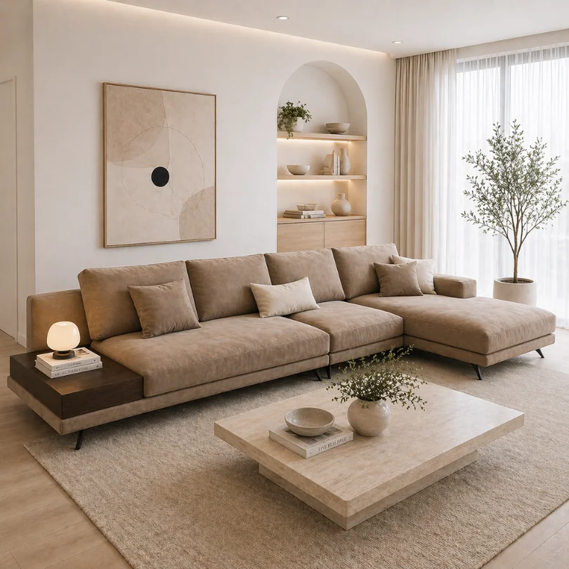 Neutral-toned living room with a beige sectional sofa, matching cushions, and a light wood coffee table on a cream rug.