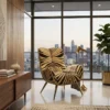 Zebra-patterned accent chair with gold legs in a sunny modern living room near a city skyline window