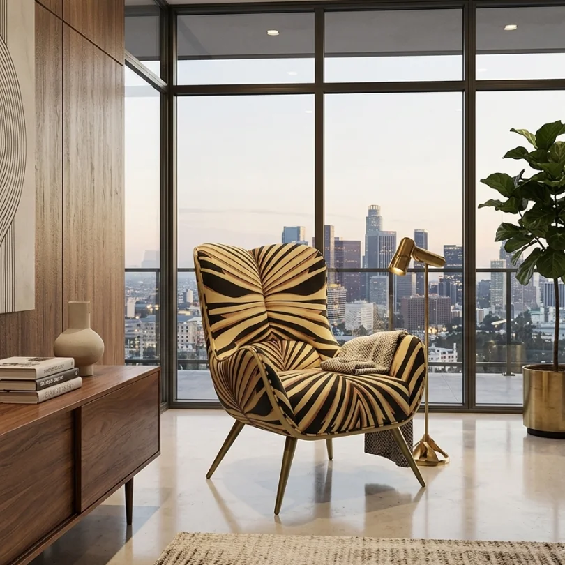 Zebra-patterned accent chair with gold legs in a sunny modern living room near a city skyline window