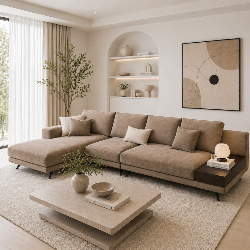 Neutral living room with L-shaped beige sofa, cushions, a plant, and a layered coffee table.