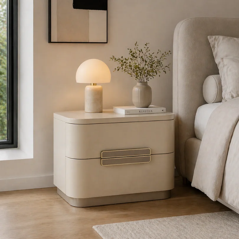 Neutral-toned modern bedroom nightstand with a mushroom lamp, greenery vase, and a Kinfolk book beside the bed