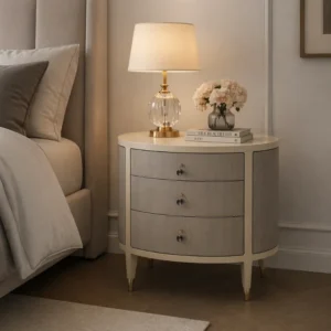 Cream, rounded three-drawer nightstand with a glass lamp and a vase of white flowers beside a bed.