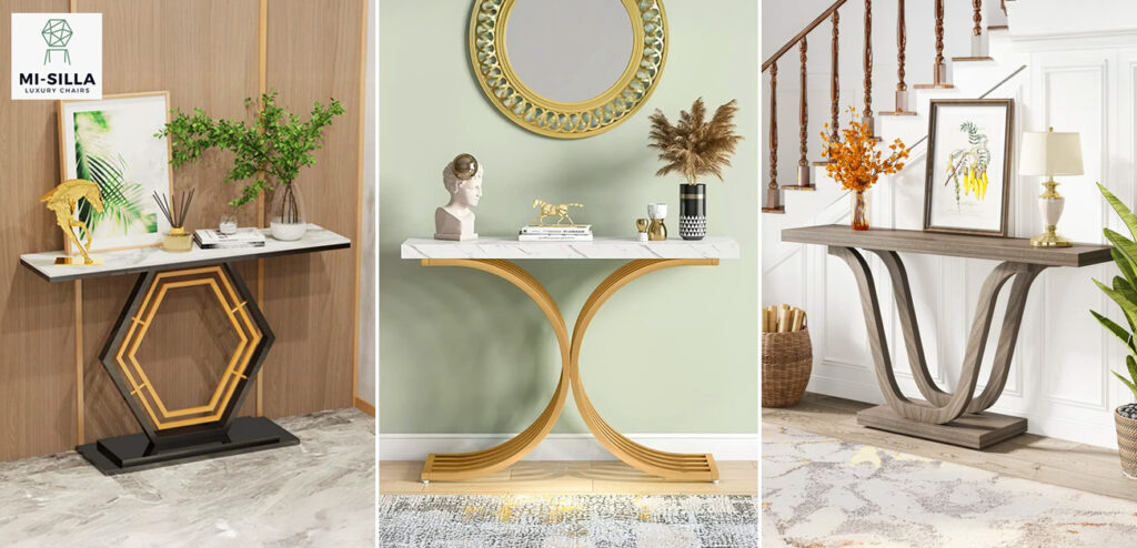 Three modern entryway tables with decorative accents, including geometric metal bases and marble or wood tops, styled with plants, mirrors, and artwork