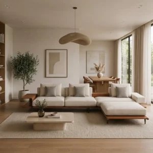 Bright, minimalist living room with a beige sectional sofa, wooden coffee table, rug, and a dining area by large windows with sheer curtains.