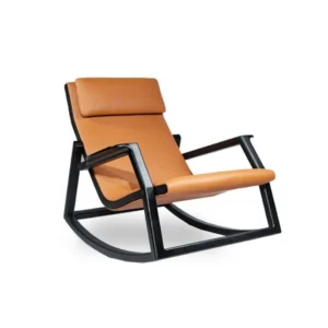 Orange leather lounge chair with a black curved rocking frame