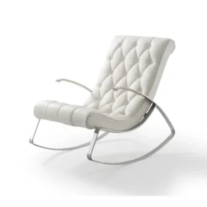 White tufted lounge chair with chrome curved legs on a white background.