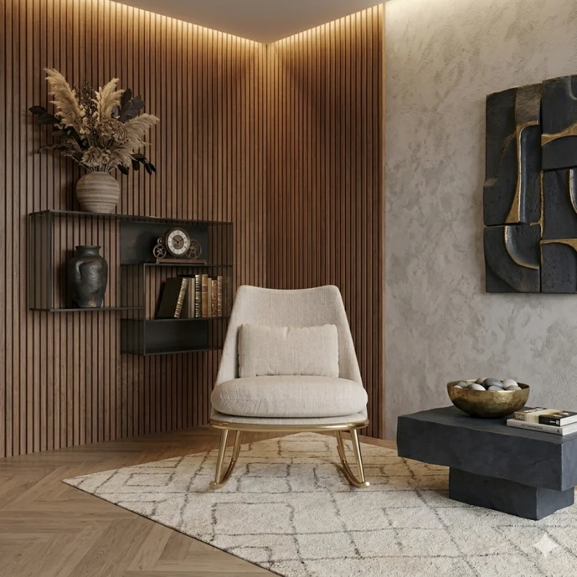 Cozy modern living room corner with a cream upholstered chair on a light rug, wooden slat wall and dark stone coffee table.