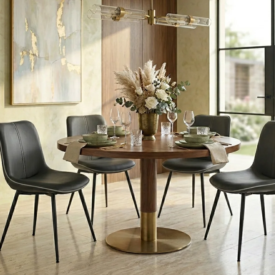 Round wooden dining table with a brass pedestal base, six black upholstered chairs, and green dishware set with a floral centerpiece.
