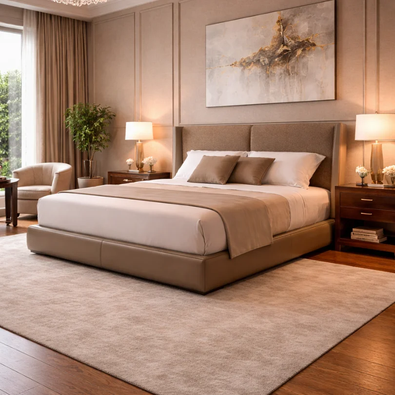 Luxurious hotel bedroom with a king bed, beige headboard, two nightstands, and warm table lamps flanking the bed.