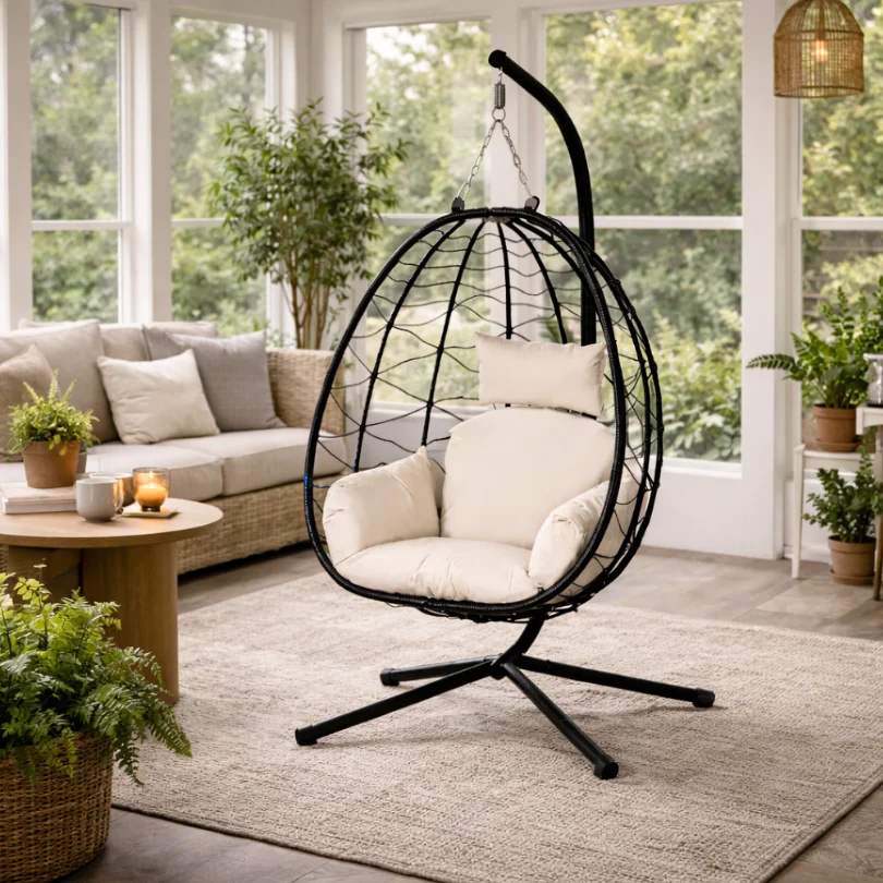 Black metal hanging egg chair with cream cushions in a bright living room with plants and a beige sofa nearby.