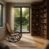 Cozy home library with tall wooden bookshelves, a woven rocking chair on a light rug, and glass doors opening to a green garden outside.