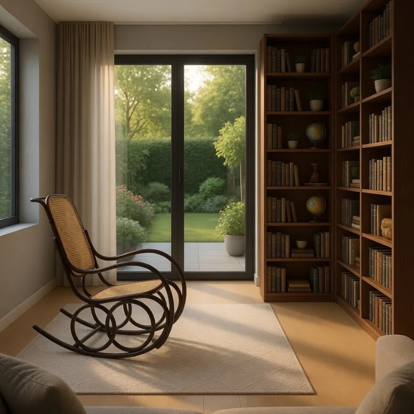 Cozy home library with tall wooden bookshelves, a woven rocking chair on a light rug, and glass doors opening to a green garden outside.