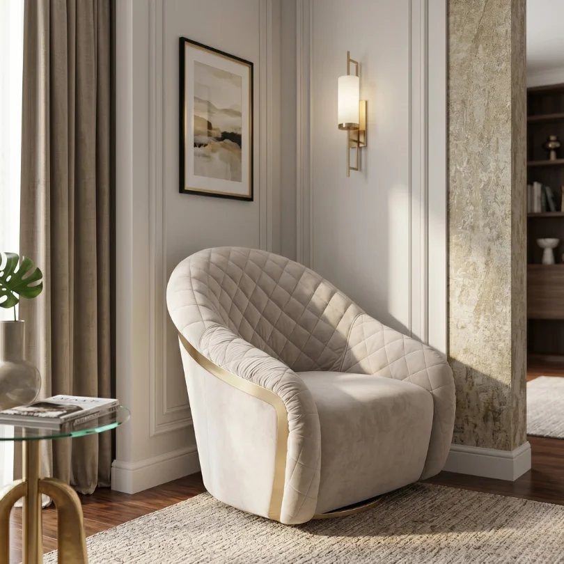 Cream quilted armchair with a gold frame sits in a sunlit living room corner beside a glass-side table and plant.