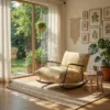 Bright living room with a mustard-yellow cushioned rocking chair on a beige rug, nearby wicker side table and lush green plants by large glass doors.