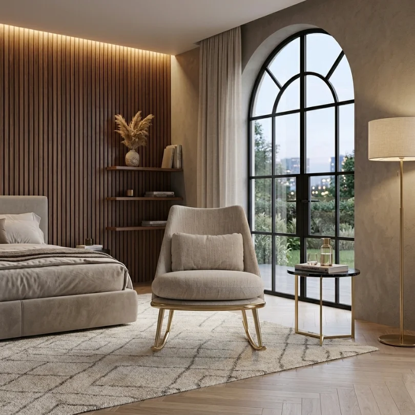 Neutral bedroom with a beige upholstered bed, matching chair, and a textured rug under soft lighting by a large curved arched window.