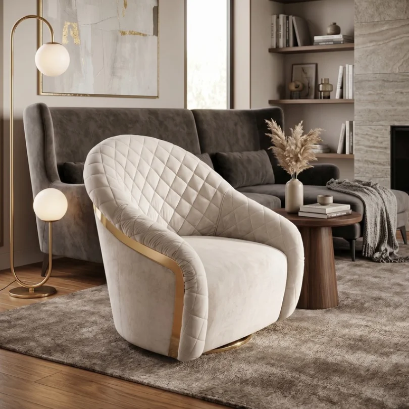 Cream quilted curved armchair with gold trim in a modern living room, beside a round wooden table and gray sofa on a plush rug.